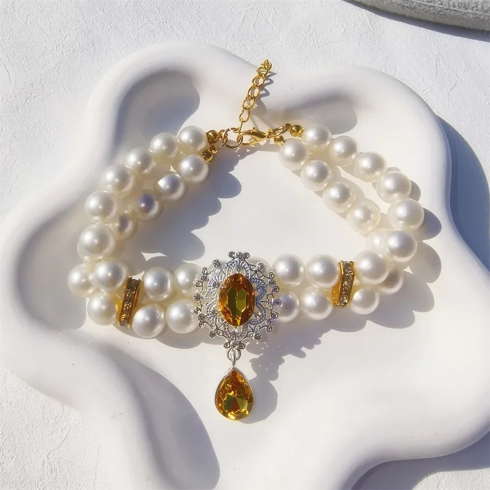 1pc Dog Accessories Double Layer Pearl Pet Necklace Sweet Flower Pendant Cat Neck Chain Adjustable Pearl Collar for Cats Puppy