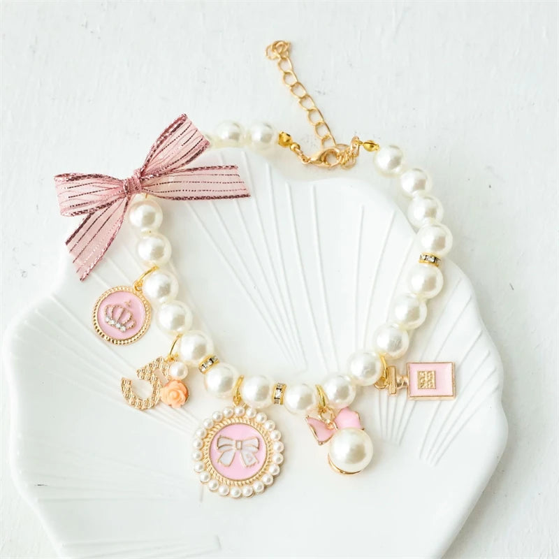 Sweet Girl Bow Knot Necklaces for Cats Lace Pearl Small Medium Puppy Neck Wear Crown Pendant Adjustable Chihuahua Accessories