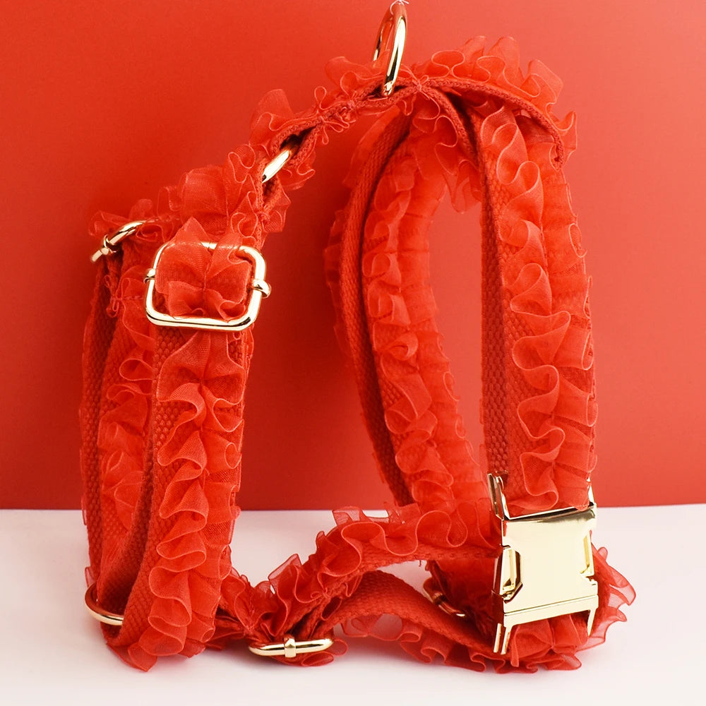 Custom Engraved Red Lace Dog Collar - Personalized PetHarness Luxury Dog Accessories with Nameplate for Wedding Lace06