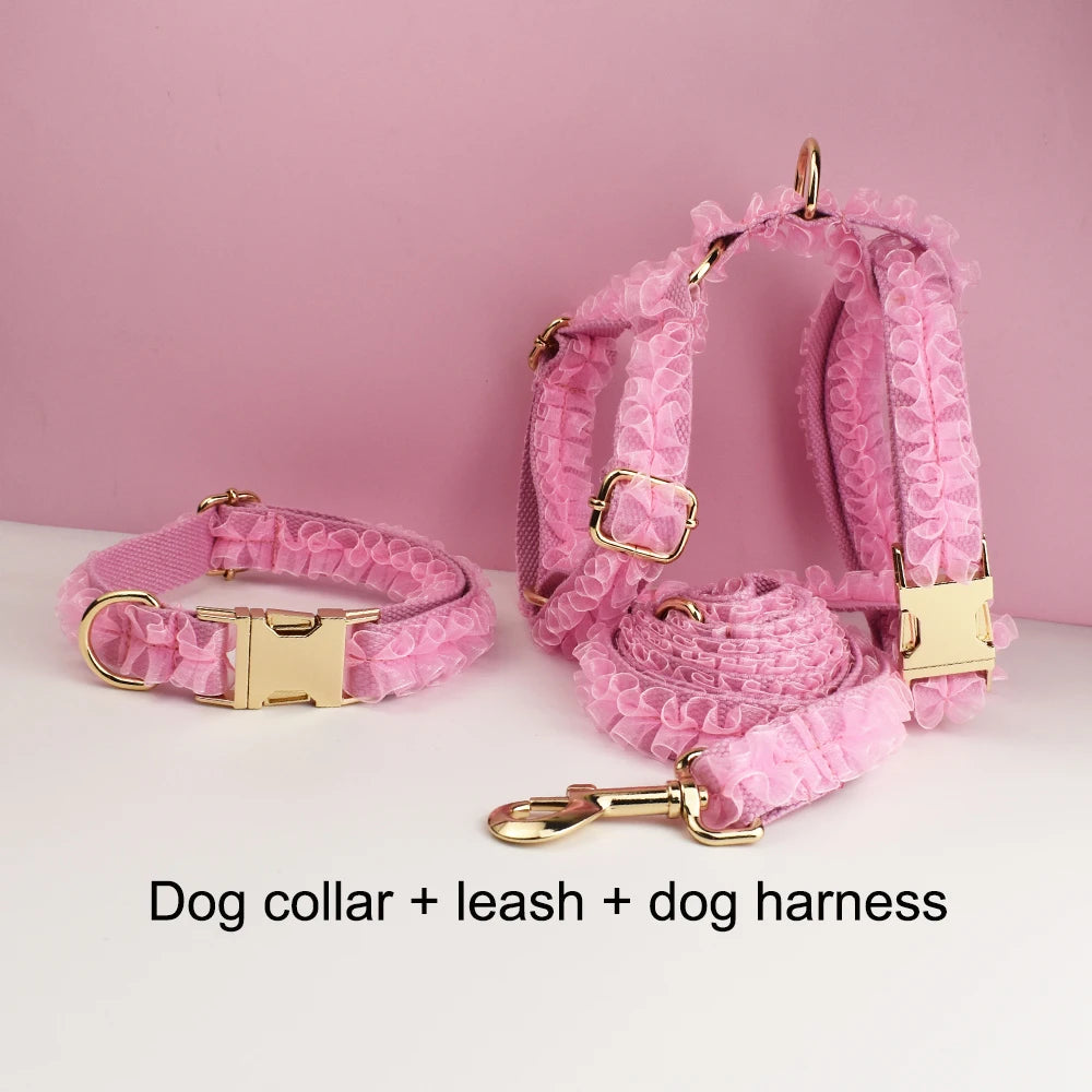 Custom Engraved Pink Lace Dog Collar - Personalized PetHarness Luxury Dog Accessories with Nameplate for Wedding Lace 02