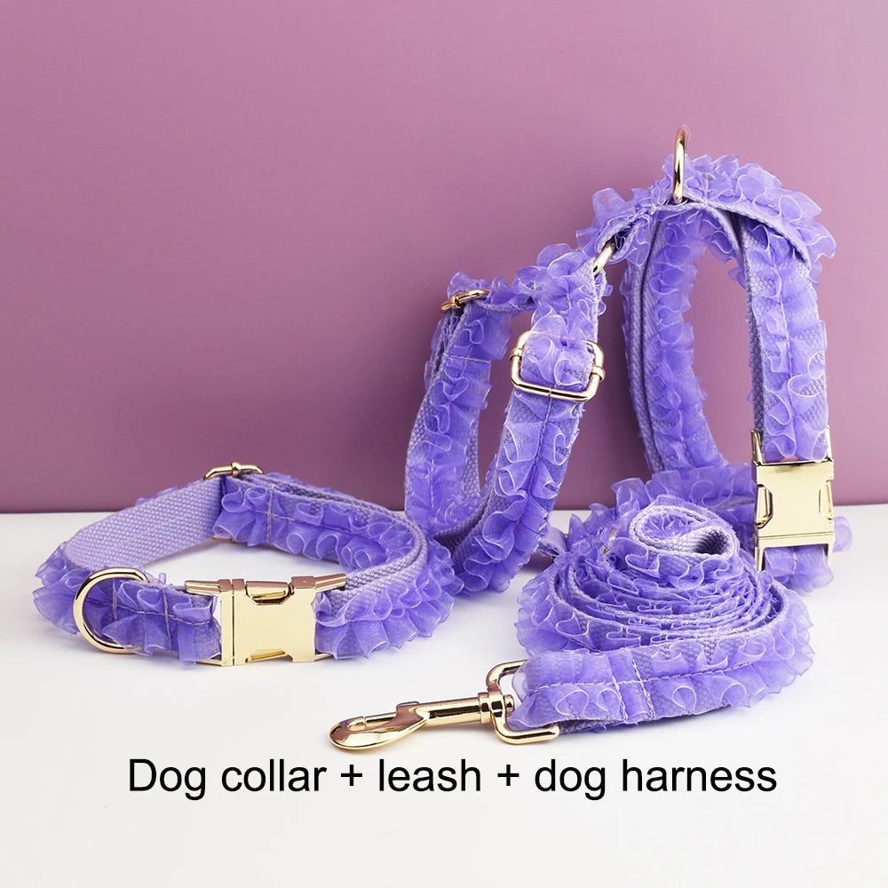 Custom Engraved Purple Lace Dog Collar Personalized Pet Wedding Harness Luxury Dog Accessories Nameplate Lace 07
