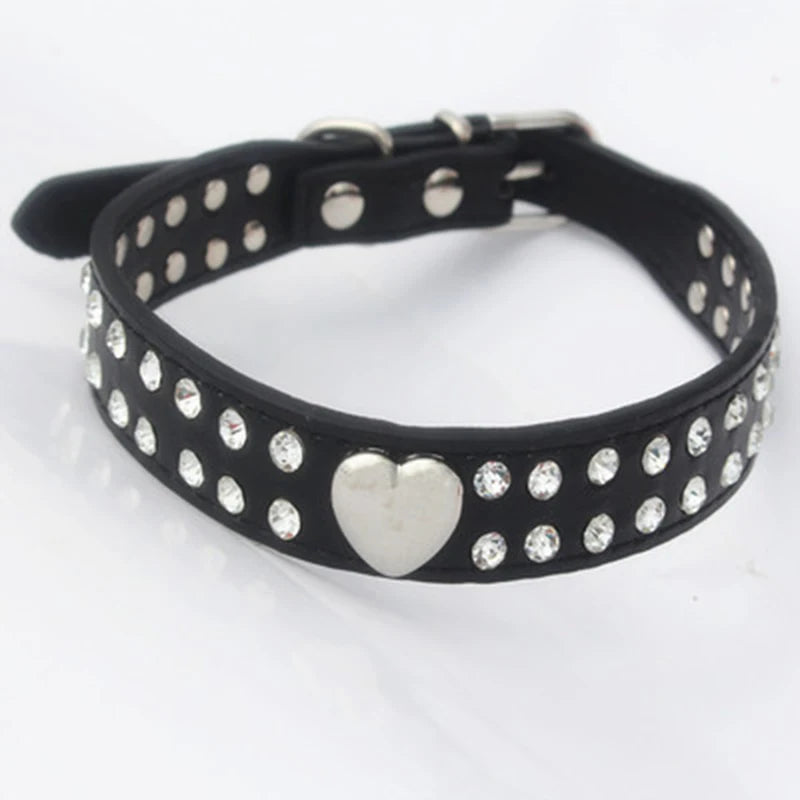 Adjustable Leather Dog Collars Rhinestone Heart Necklac, Pet Accessories Small Medium Large Outdoor Bling