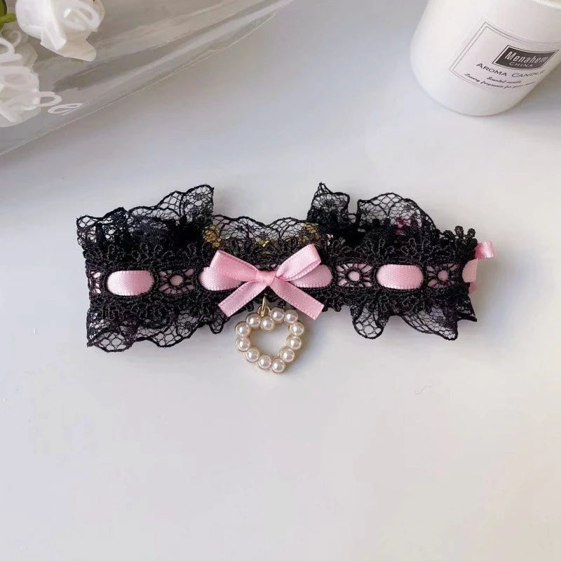 Romantic Lace Neck Collar for Small York Dogs Pearl Heart Adjustable Chihuahua Cat Accessories Bow Knot Girl Pet Puppy Neck Wear