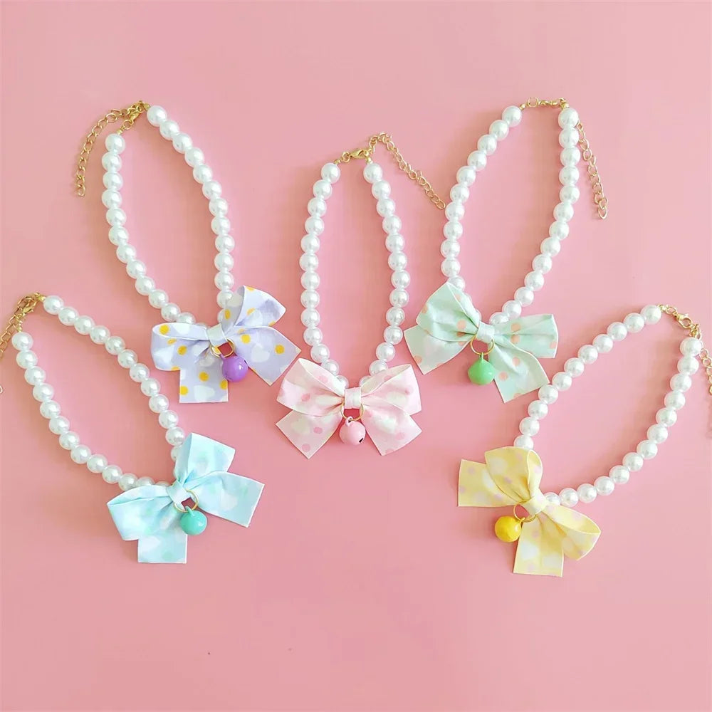 1pc Dog Collar Cute Adjustable Kitten Dog Bell Necklace Jewelry Pearl Bow Pet Collar Elegant Party Dress Collar Cat Accessories