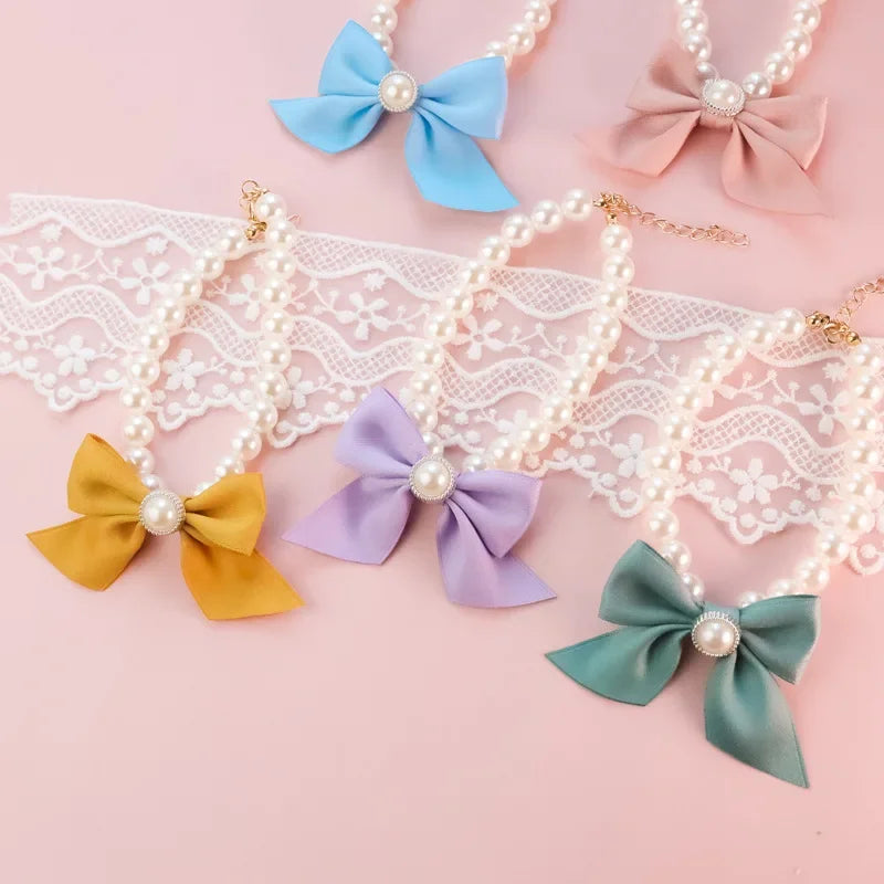 Pet Pearl Bow Necklace Dog Collar Little Cat Dog Bell Necklace Vintage Jewelry Pearl Lady Bow Dog Collar Cat Accessories