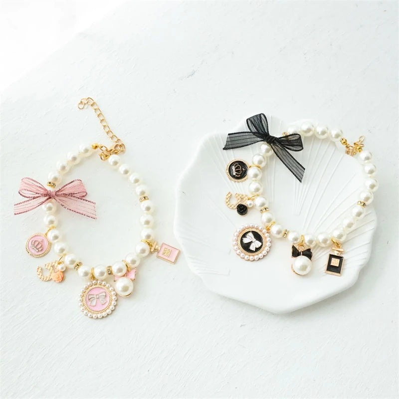 Sweet Girl Bow Knot Necklaces for Cats Lace Pearl Small Medium Puppy Neck Wear Crown Pendant Adjustable Chihuahua Accessories