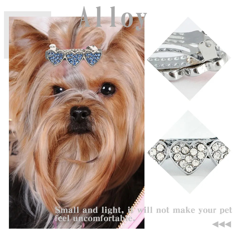 3pcs Heart Shaped Rhinestone Hairpin Clips for Pets Durable Alloy Small Dogs Cats Lovely Hairstyle Dog Barrette