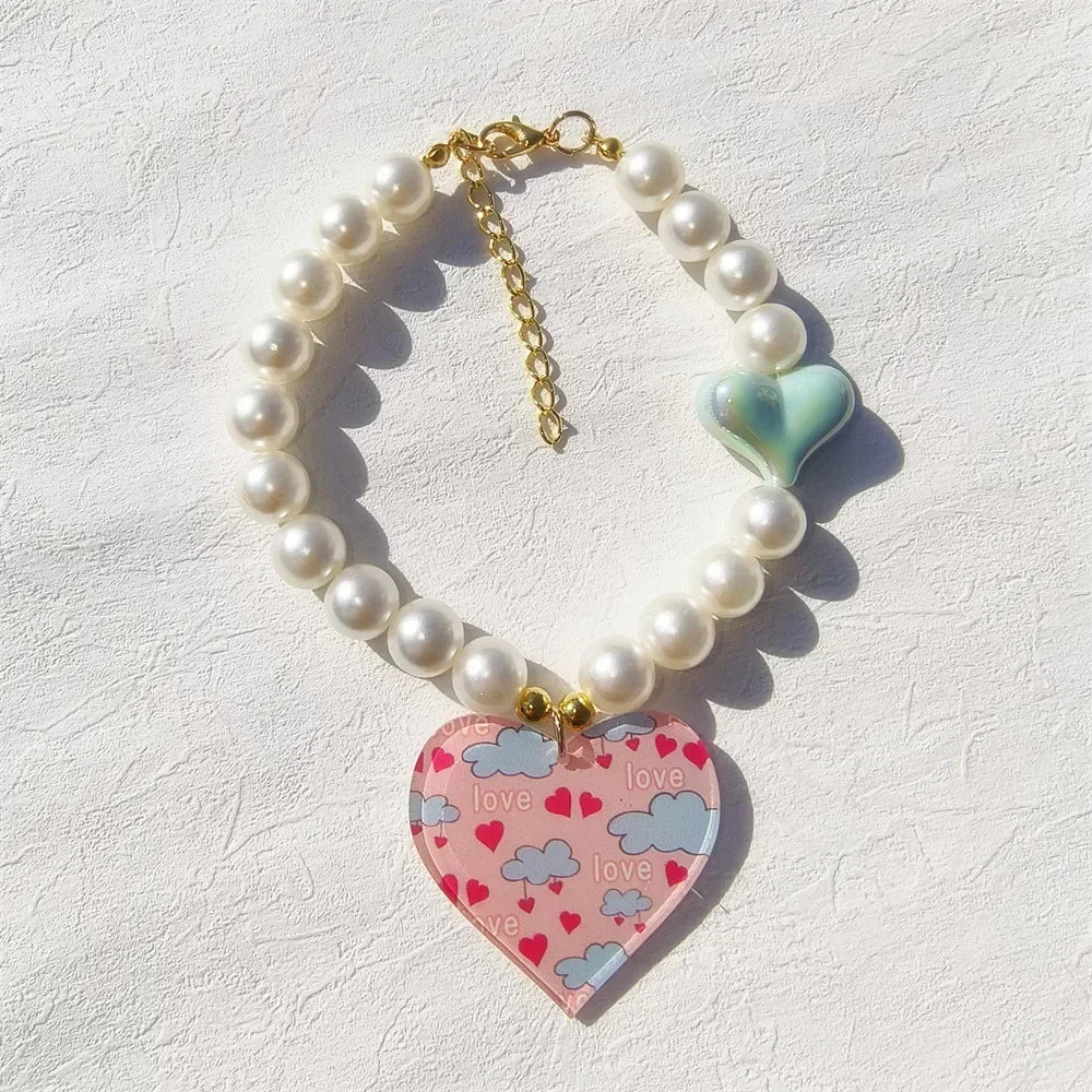 Cute Dog Accessories Imitation Pearl Pet Collar Handmake Glamour Jewelry Necklace with Heart Pendant Decoration for Puppy Cat