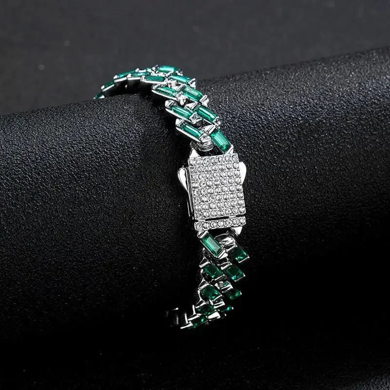 New Dog Collars Bling 13mm Green Stone Diamondd Cuban Chain Cat Necklace Gold Silver Color Pet Jewelry Accessories