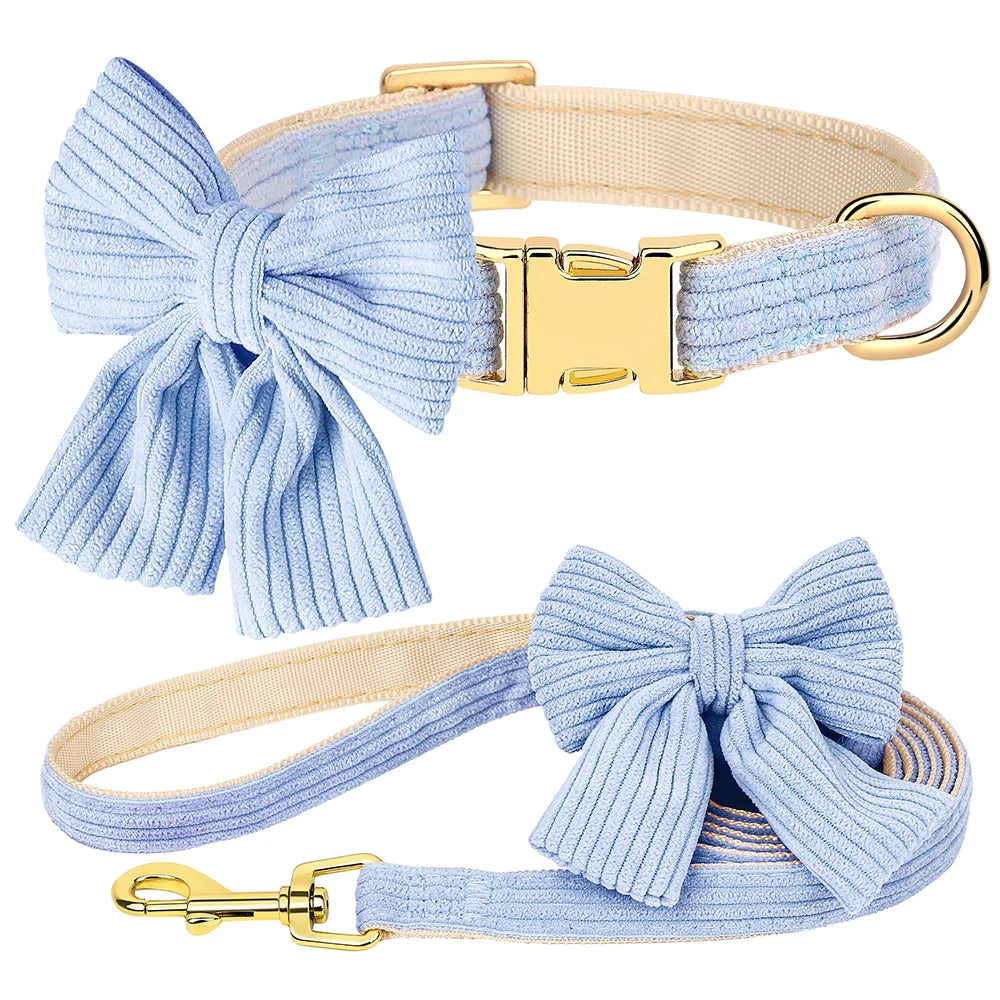 Cute Pink Dog Collar Leash Set With Bowtie Adjustable Soft Velvet Pet Collars And Leash for Small Medium Dogs Dog Accessories