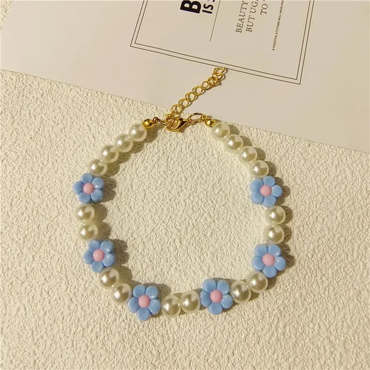 Adjustable Pearl Cat Collar with Flower Charm Fashion Necklace for Small Dogs Puppy Jewelry Accessories Pet Cat Necklace