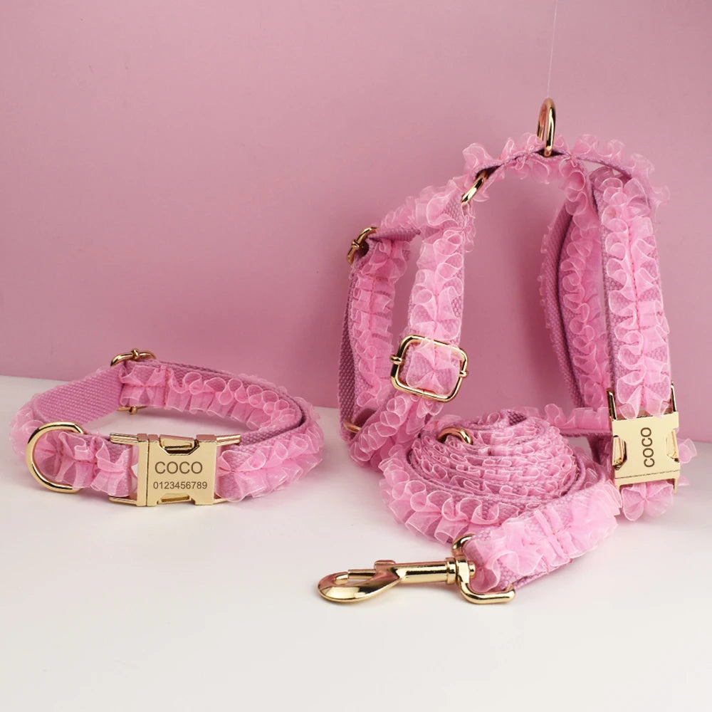 Custom Engraved Pink Lace Dog Collar - Personalized PetHarness Luxury Dog Accessories with Nameplate for Wedding Lace 02