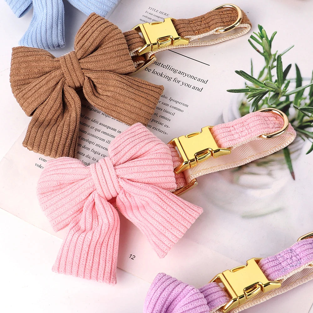 Cute Pink Dog Collar Leash Set With Bowtie Adjustable Soft Velvet Pet Collars And Leash for Small Medium Dogs Dog Accessories