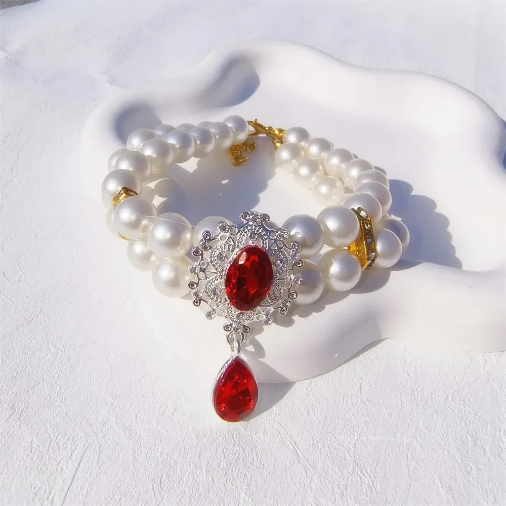 1pc Dog Accessories Double Layer Pearl Pet Necklace Sweet Flower Pendant Cat Neck Chain Adjustable Pearl Collar for Cats Puppy