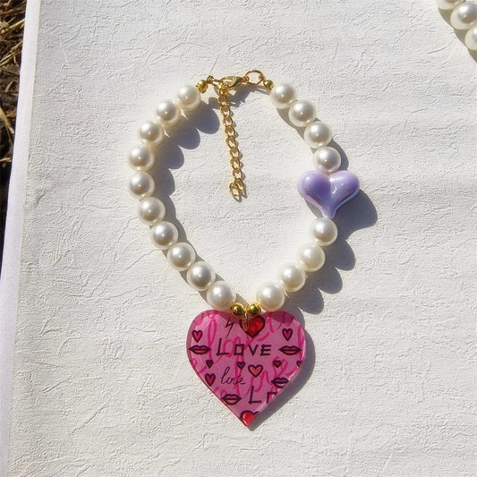 Cute Dog Accessories Imitation Pearl Pet Collar Handmake Glamour Jewelry Necklace with Heart Pendant Decoration for Puppy Cat