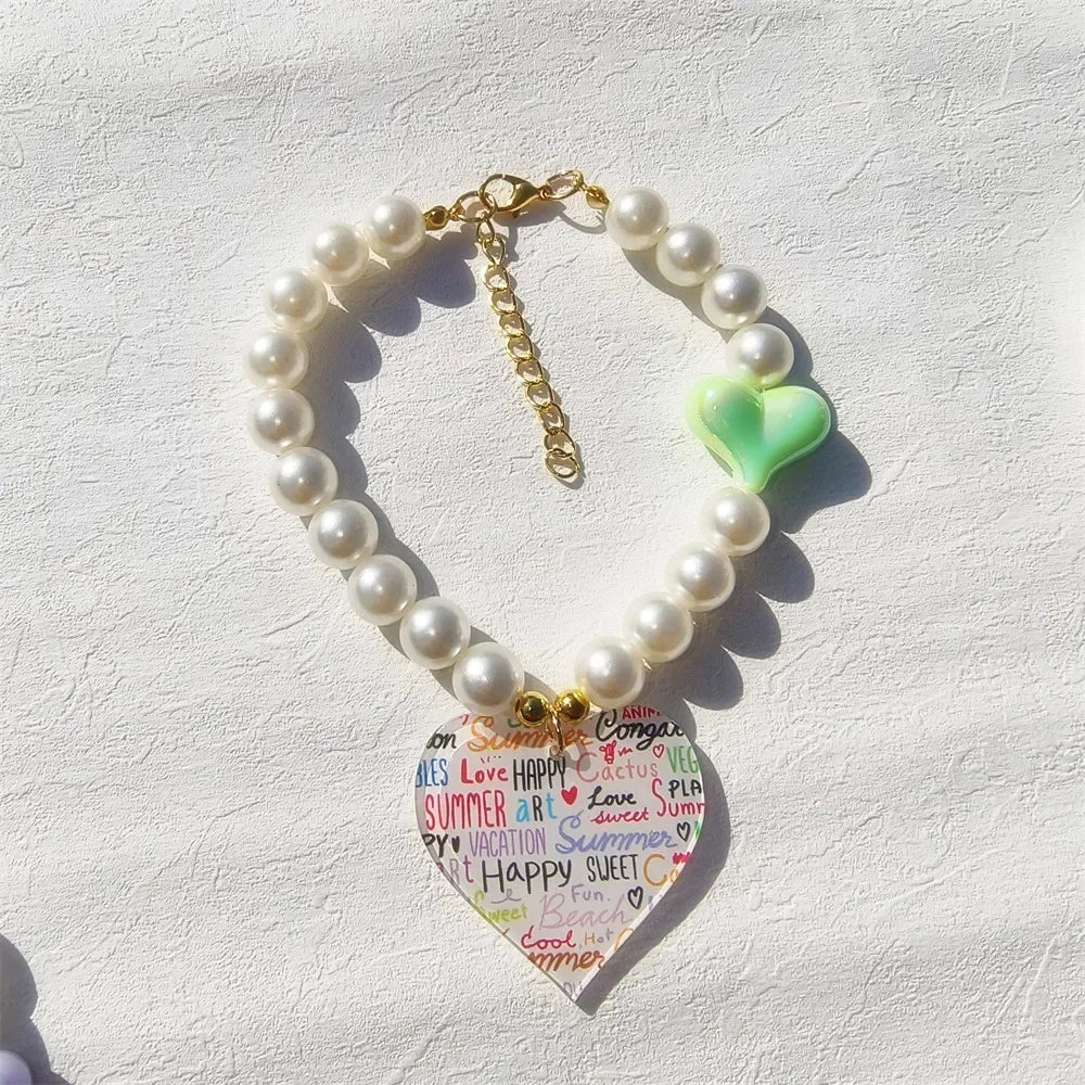 Cute Dog Accessories Imitation Pearl Pet Collar Handmake Glamour Jewelry Necklace with Heart Pendant Decoration for Puppy Cat