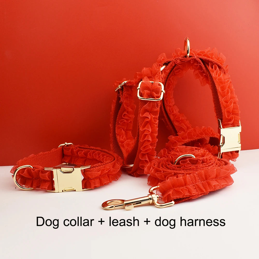 Custom Engraved Red Lace Dog Collar - Personalized PetHarness Luxury Dog Accessories with Nameplate for Wedding Lace06