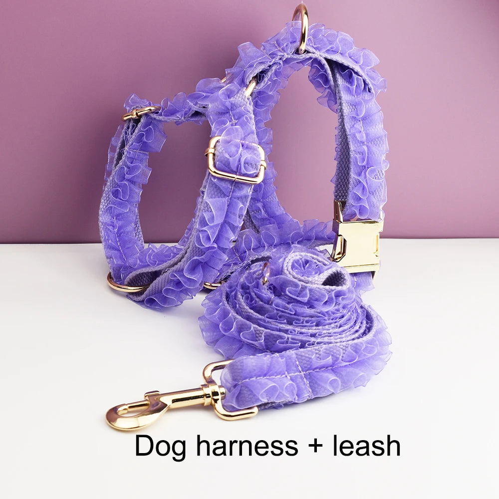 Custom Engraved Purple Lace Dog Collar Personalized Pet Wedding Harness Luxury Dog Accessories Nameplate Lace 07