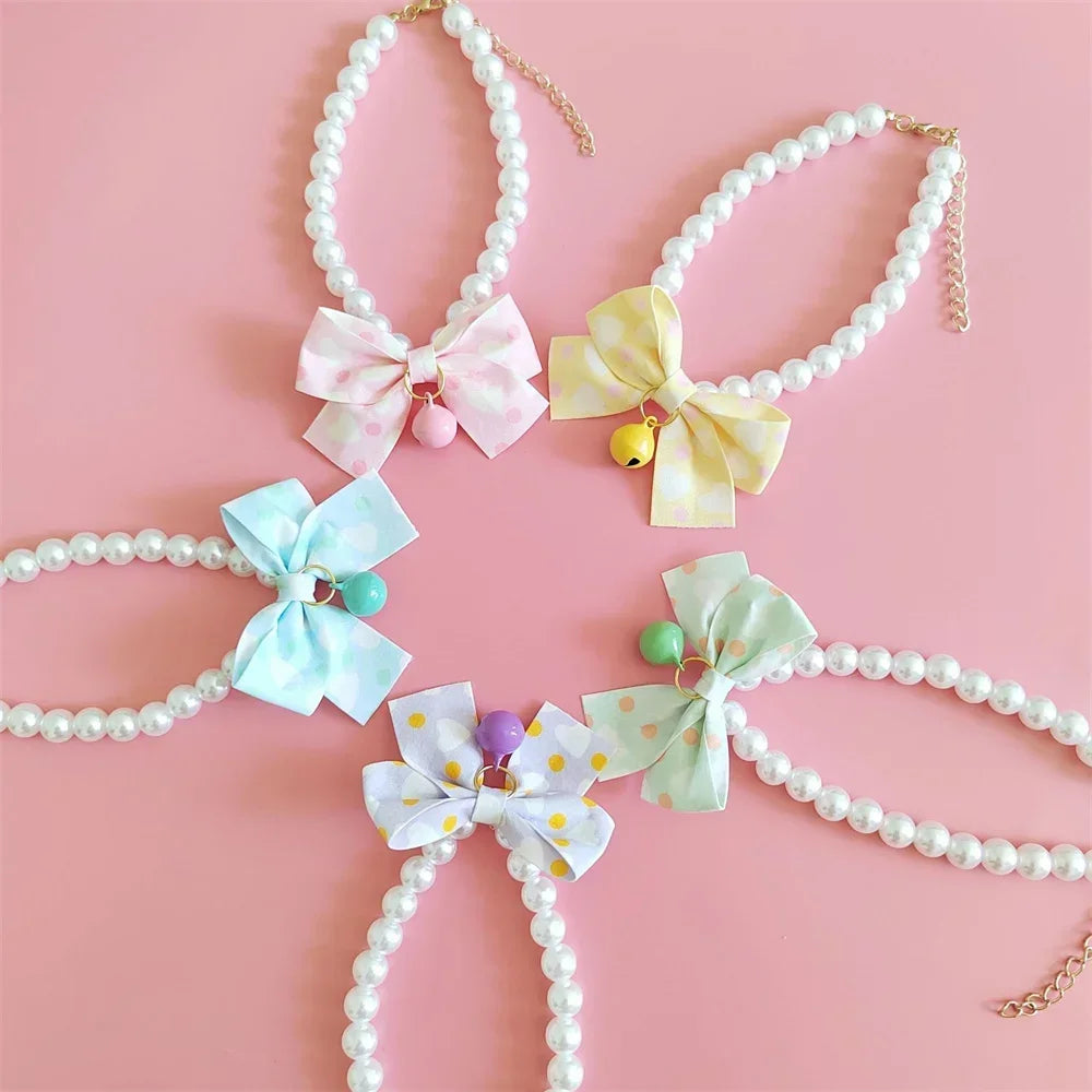 1pc Dog Collar Cute Adjustable Kitten Dog Bell Necklace Jewelry Pearl Bow Pet Collar Elegant Party Dress Collar Cat Accessories