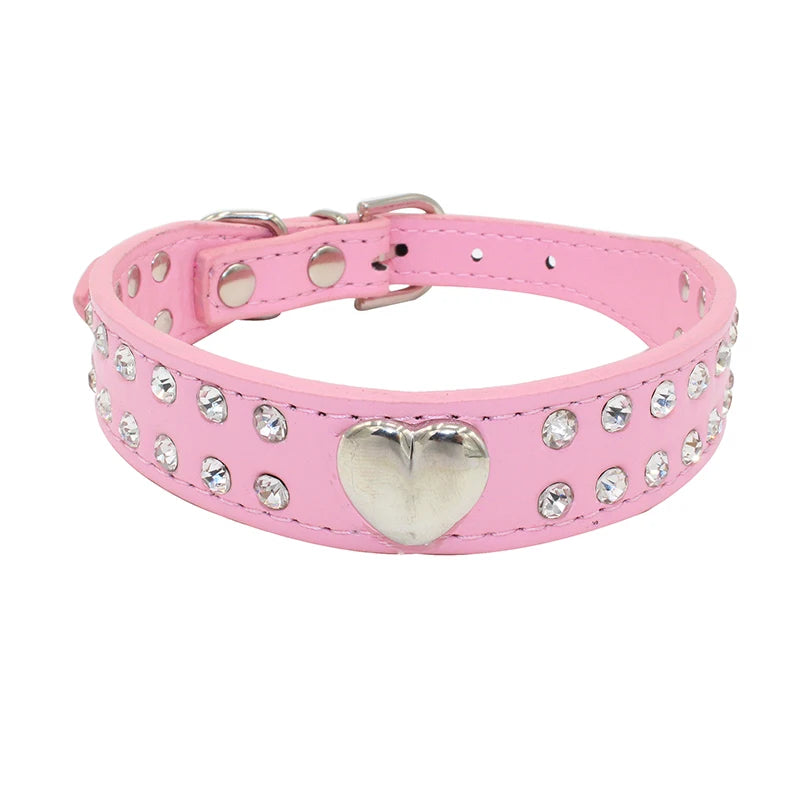 Adjustable Leather Dog Collars Rhinestone Heart Necklac, Pet Accessories Small Medium Large Outdoor Bling