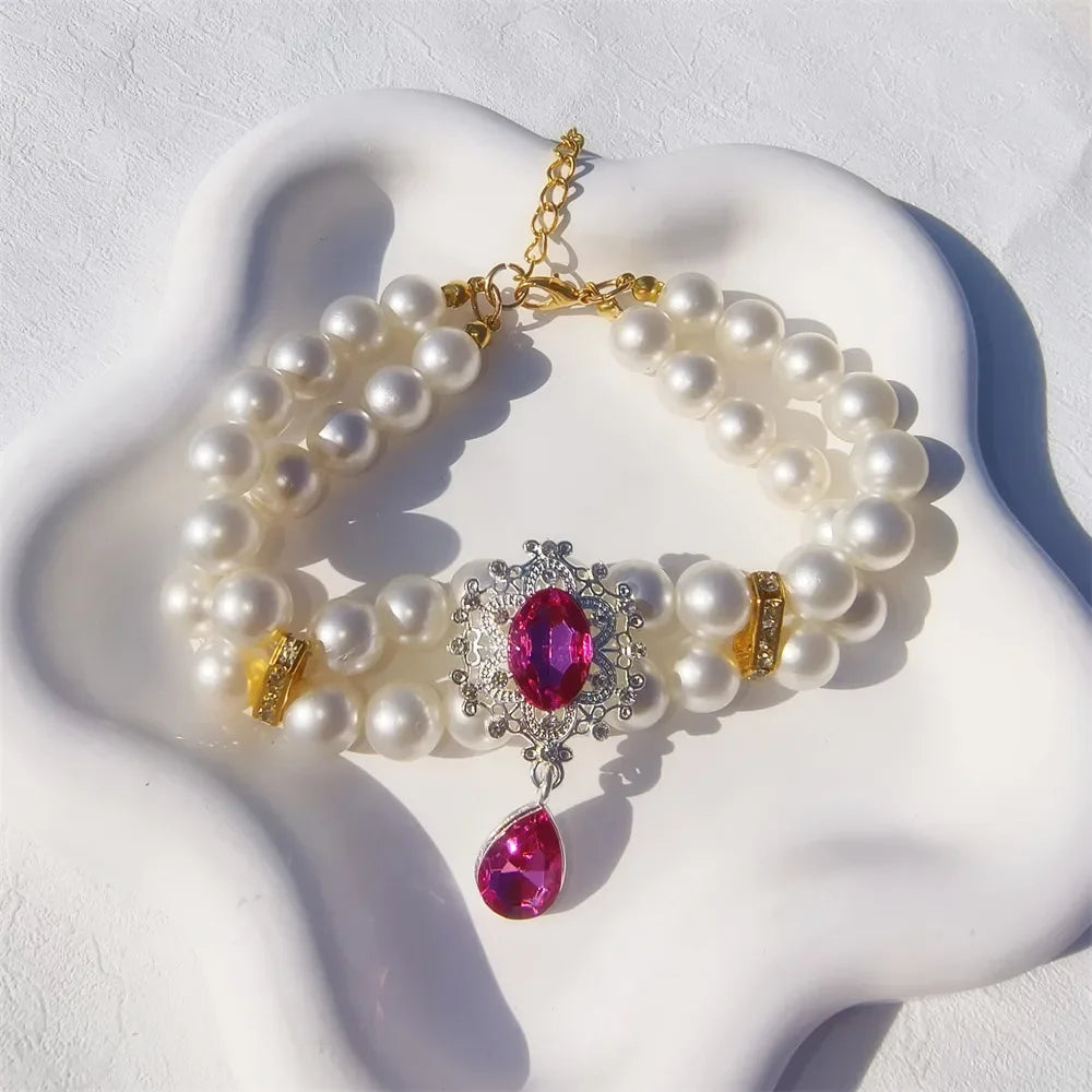 1pc Dog Accessories Double Layer Pearl Pet Necklace Sweet Flower Pendant Cat Neck Chain Adjustable Pearl Collar for Cats Puppy