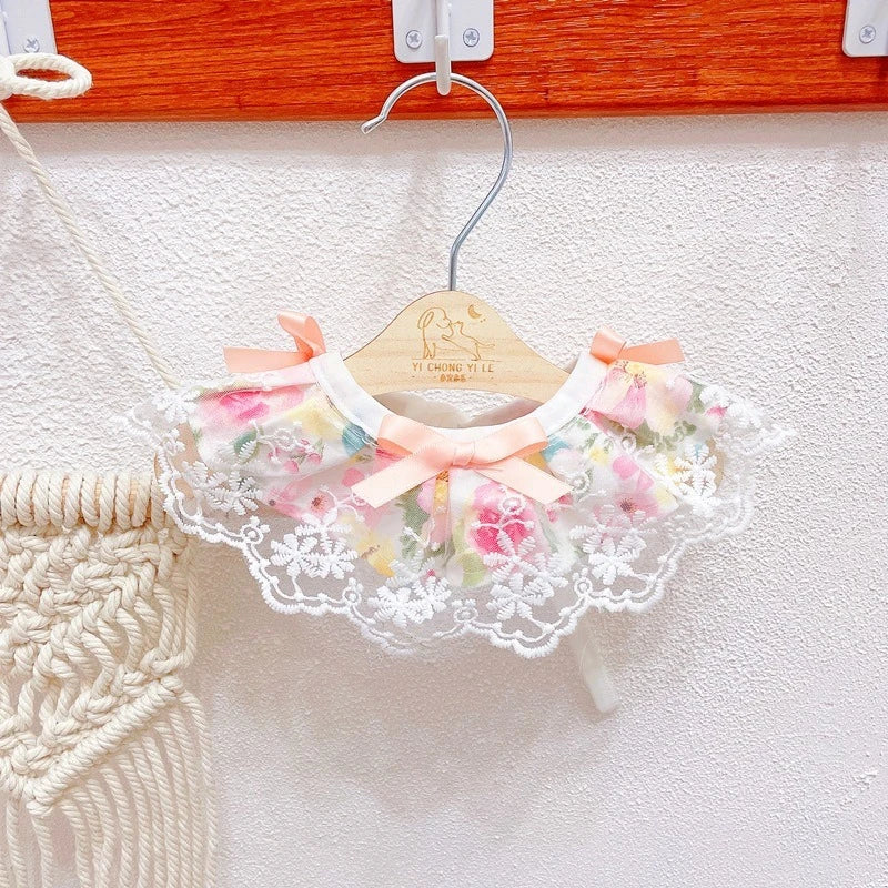 Romantic Floral Neck Collar for Pet Kittens Summer Lace Girl Pet Puppy Bibs Lace Up Bow Knot Ribbon French Bulldog Accessories