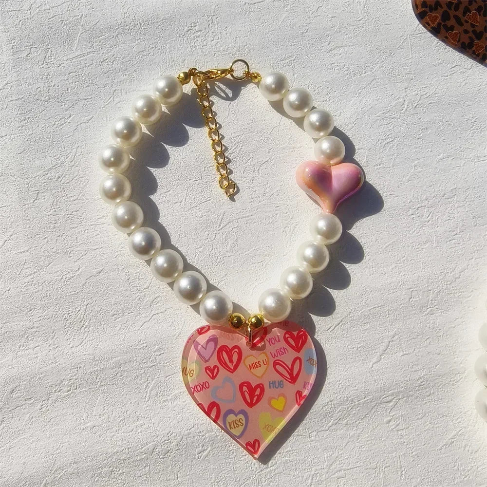 Cute Dog Accessories Imitation Pearl Pet Collar Handmake Glamour Jewelry Necklace with Heart Pendant Decoration for Puppy Cat