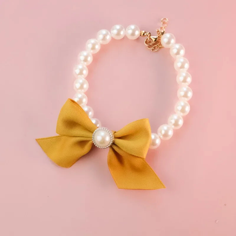 Pet Pearl Bow Necklace Dog Collar Little Cat Dog Bell Necklace Vintage Jewelry Pearl Lady Bow Dog Collar Cat Accessories