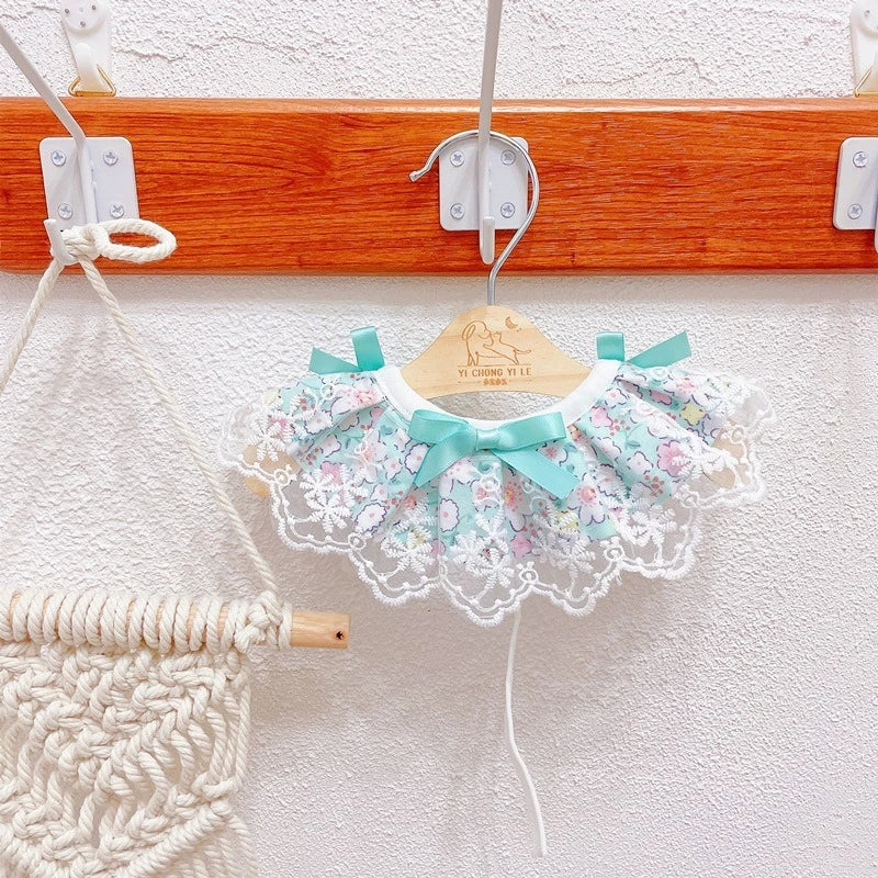 Romantic Floral Neck Collar for Pet Kittens Summer Lace Girl Pet Puppy Bibs Lace Up Bow Knot Ribbon French Bulldog Accessories