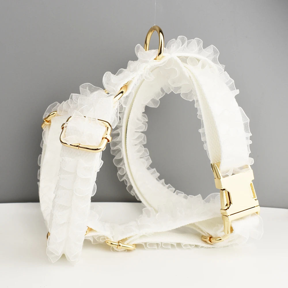Custom Engraved White Lace Dog Collar Personalized Pet Wedding Harness Luxury Dog Accessories Nameplate Lace 01