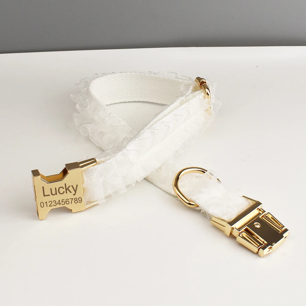 Custom Engraved White Lace Dog Collar Personalized Pet Wedding Harness Luxury Dog Accessories Nameplate Lace 01