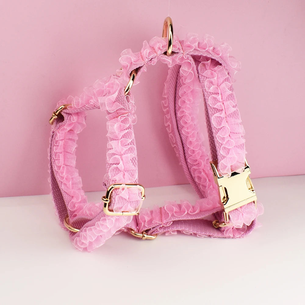 Custom Engraved Pink Lace Dog Collar - Personalized PetHarness Luxury Dog Accessories with Nameplate for Wedding Lace 02