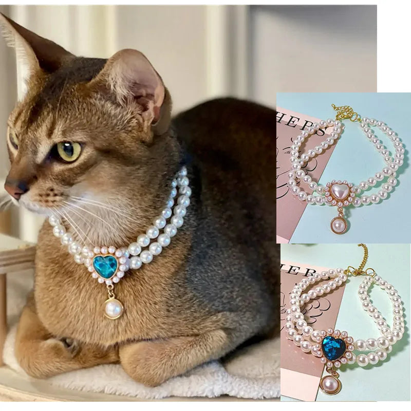 Dog Cat Pearl Collar for Small Dogs Pet Cat Necklace with Luxury Crystal Charms for Wedding Birthday Jewelry Costume Accessories