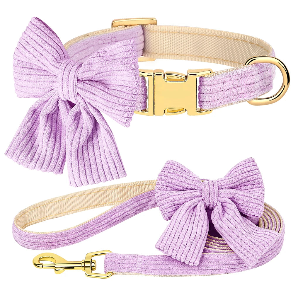 Cute Pink Dog Collar Leash Set With Bowtie Adjustable Soft Velvet Pet Collars And Leash for Small Medium Dogs Dog Accessories