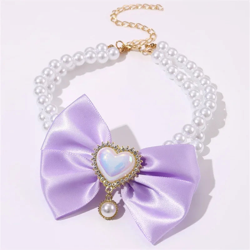 Luxurious Pet Pearl Bow Necklace Dog Collar Little Cat Bell Necklace Vintage Jewelry Pearl Lady Bow Dog Collar Cat Accessories