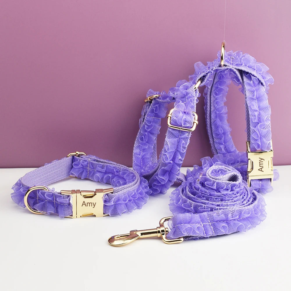 Custom Engraved Purple Lace Dog Collar Personalized Pet Wedding Harness Luxury Dog Accessories Nameplate Lace 07
