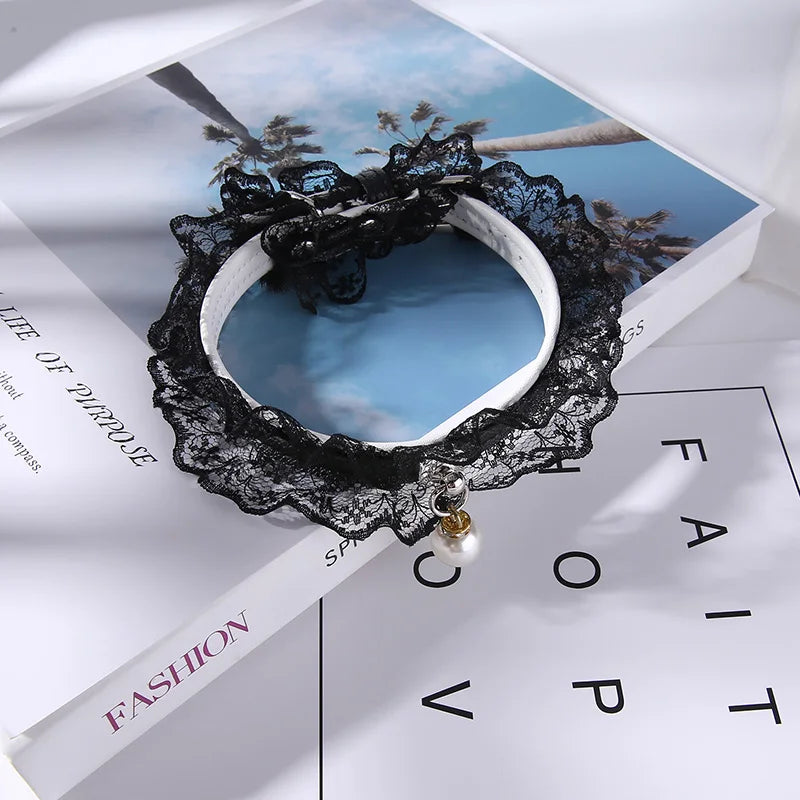 Pet Dog Cat Collar Nylon PU Black White Lace Bell Necklace Collars Adjustable Pet Dog Wedding Bow Tie Pet Supplies