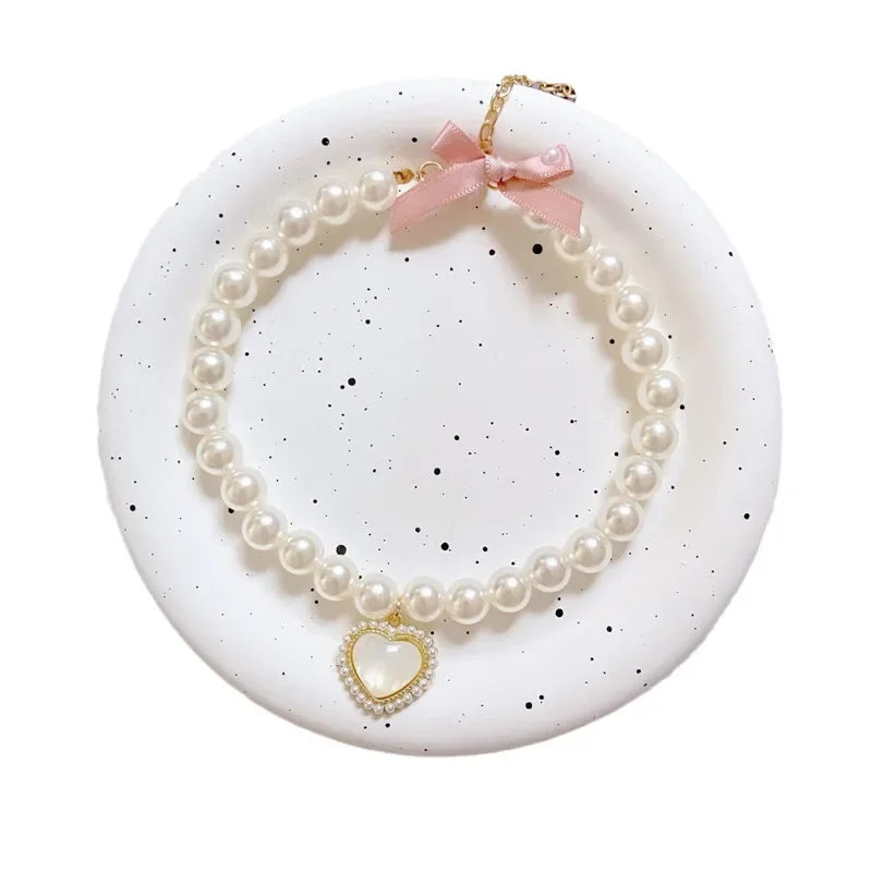 Fashion Adjustable Dog Cat Pearl Necklace Jewelry Opal Heart Collar Pendant Pet Collar Wedding Birthday Prom Costume Accessories
