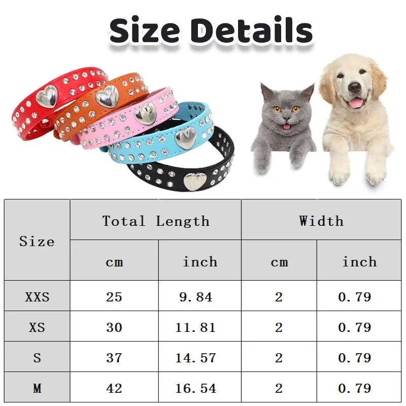 Adjustable Leather Dog Collars Rhinestone Heart Necklac, Pet Accessories Small Medium Large Outdoor Bling