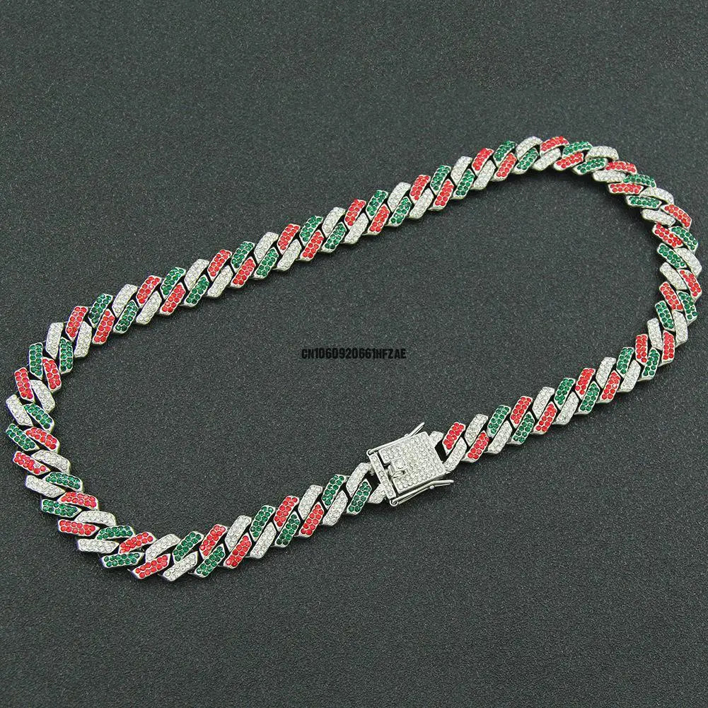 Multi Color Diamond Cuban Collar Walking Metal Chain Collar With Secure Buckle, Matching Pet And Owner Jewelry Accessories 12"