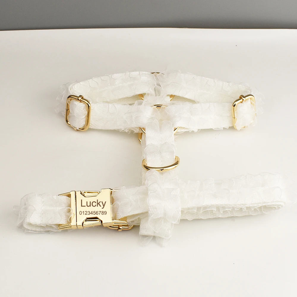 Custom Engraved White Lace Dog Collar Personalized Pet Wedding Harness Luxury Dog Accessories Nameplate Lace 01