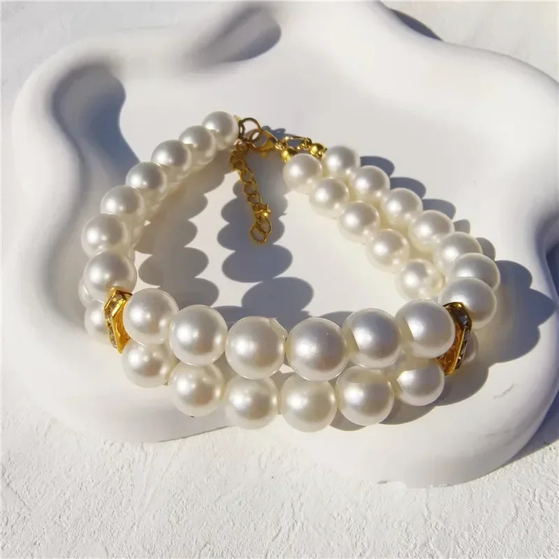 1pc Dog Accessories Double Layer Pearl Pet Necklace Sweet Flower Pendant Cat Neck Chain Adjustable Pearl Collar for Cats Puppy