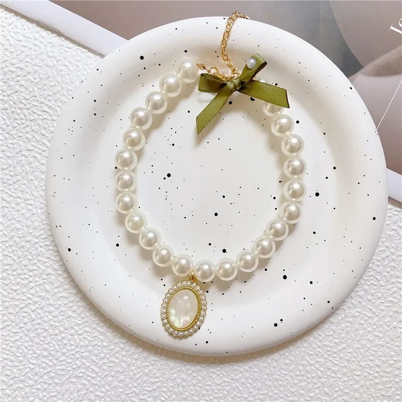 Fashion Adjustable Dog Cat Pearl Necklace Jewelry Opal Heart Collar Pendant Pet Collar Wedding Birthday Prom Costume Accessories