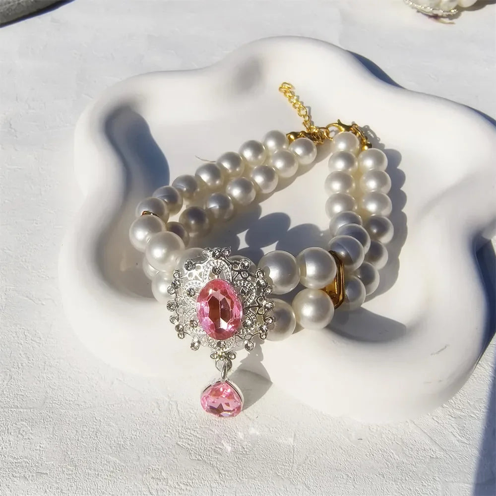 1pc Dog Accessories Double Layer Pearl Pet Necklace Sweet Flower Pendant Cat Neck Chain Adjustable Pearl Collar for Cats Puppy