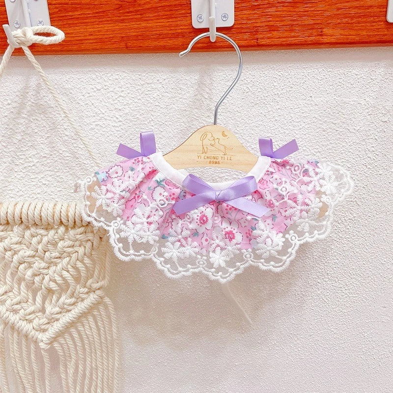 Romantic Floral Neck Collar for Pet Kittens Summer Lace Girl Pet Puppy Bibs Lace Up Bow Knot Ribbon French Bulldog Accessories