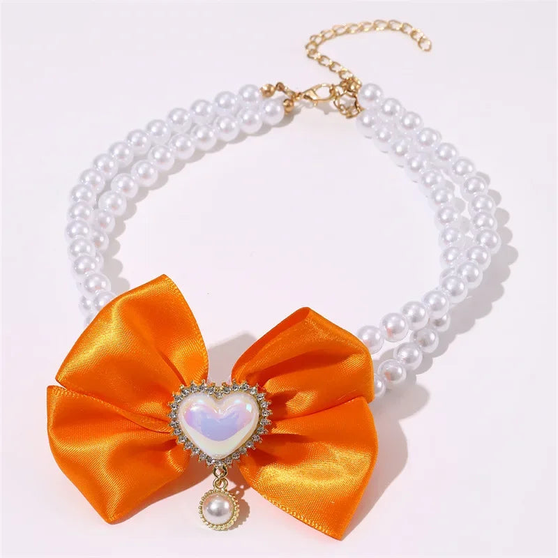Luxurious Pet Pearl Bow Necklace Dog Collar Little Cat Bell Necklace Vintage Jewelry Pearl Lady Bow Dog Collar Cat Accessories