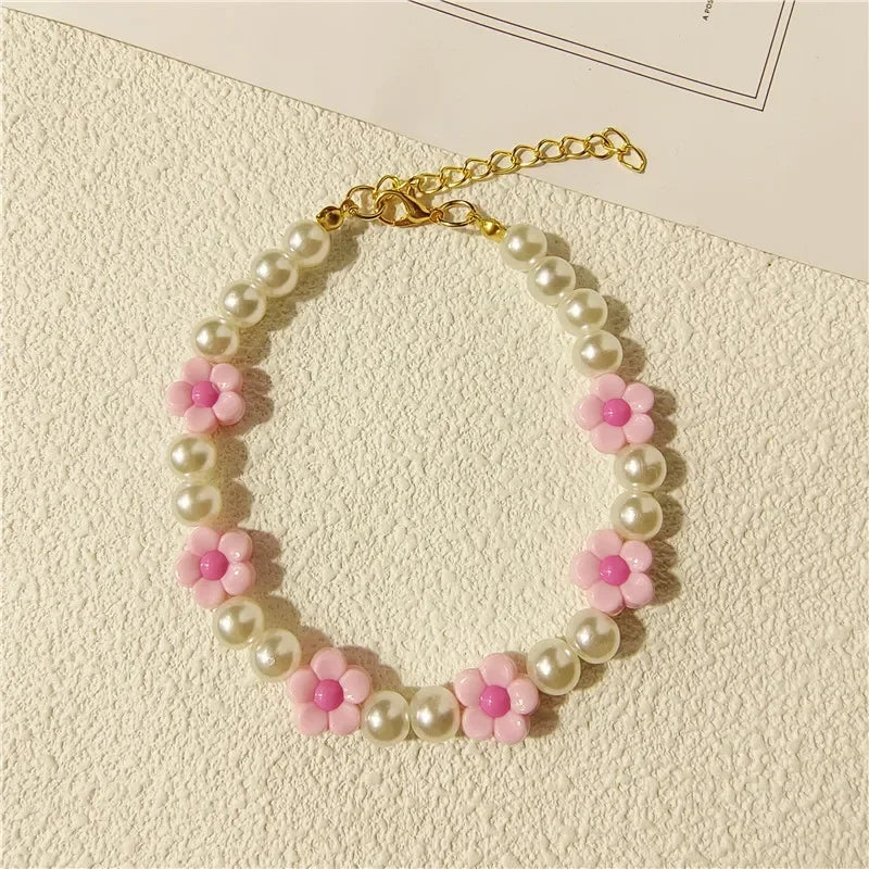 Adjustable Pearl Cat Collar with Flower Charm Fashion Necklace for Small Dogs Puppy Jewelry Accessories Pet Cat Necklace