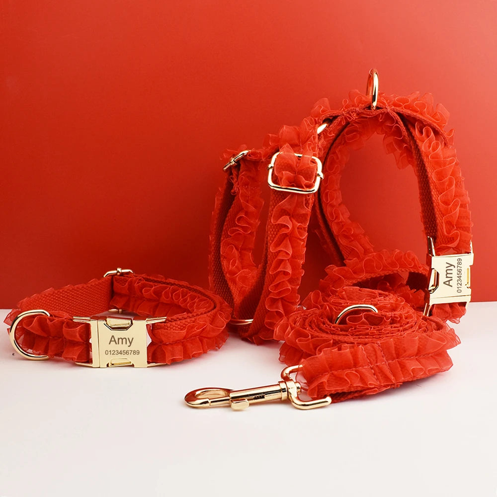 Custom Engraved Red Lace Dog Collar - Personalized PetHarness Luxury Dog Accessories with Nameplate for Wedding Lace06
