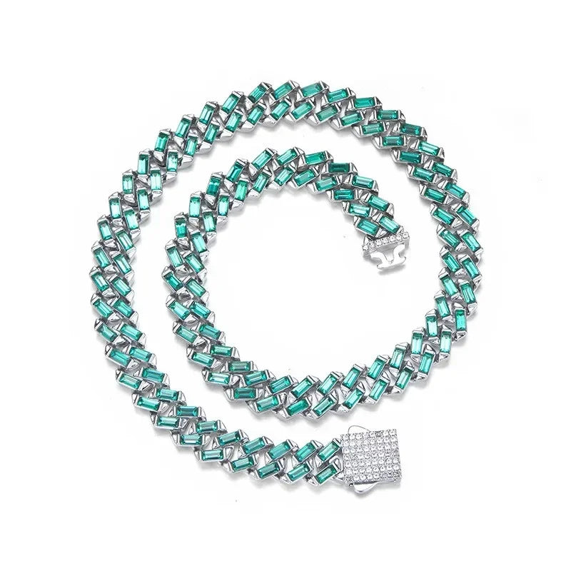 New Dog Collars Bling 13mm Green Stone Diamondd Cuban Chain Cat Necklace Gold Silver Color Pet Jewelry Accessories