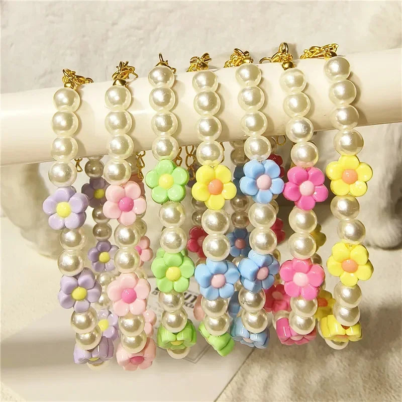 Adjustable Pearl Cat Collar with Flower Charm Fashion Necklace for Small Dogs Puppy Jewelry Accessories Pet Cat Necklace